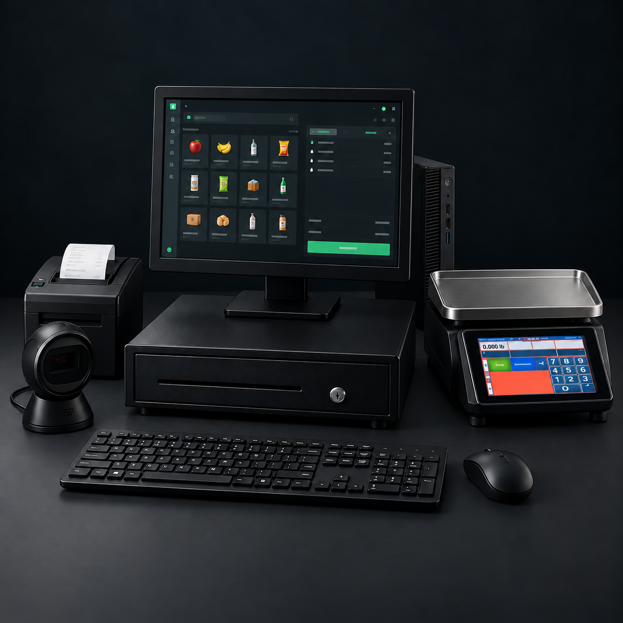 Kit Comercio con Balanza: monitor, computador Lenovo, impresora, lector omnidireccional, gaveta, teclado, mouse y balanza Hobart