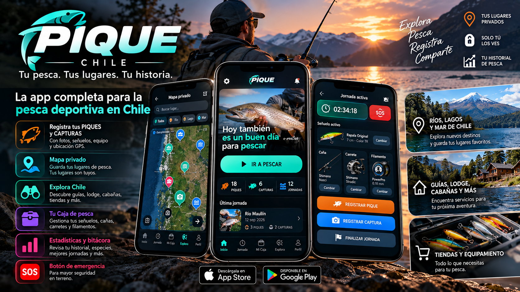 PIQUE Chile: jornadas de pesca, mapa privado, registro de capturas y equipamiento